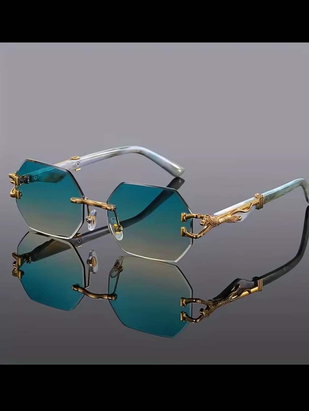 Designer Style Hexagon Green Gradient Sunglasses with Gold Detailing